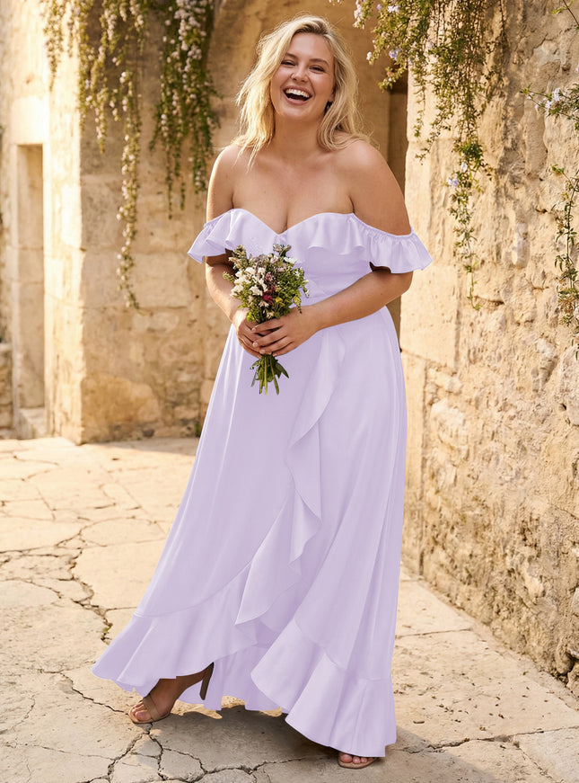 Off the Shoulder Ruffles Satin Bridesmaid Dresses
