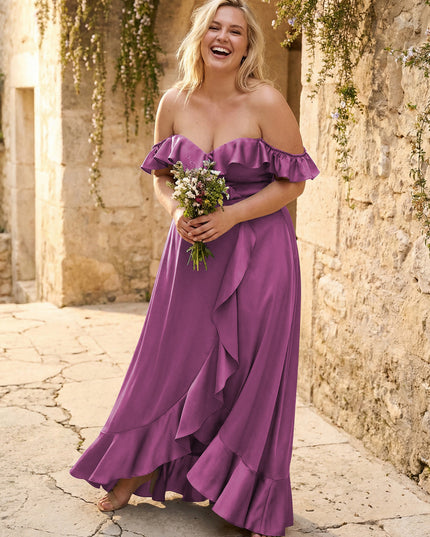 Off the Shoulder Ruffles Satin Bridesmaid Dresses