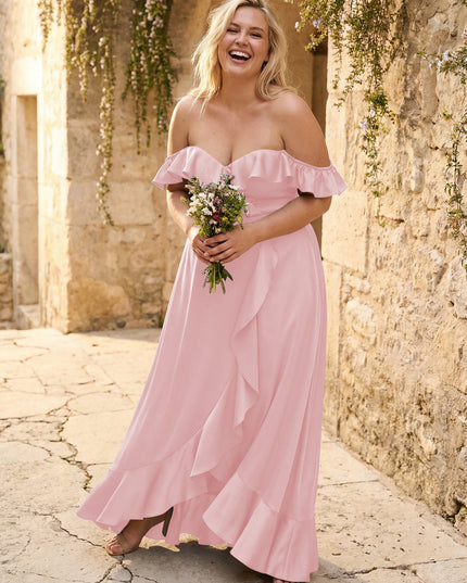 Off the Shoulder Ruffles Satin Bridesmaid Dresses