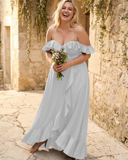 Off the Shoulder Ruffles Satin Bridesmaid Dresses