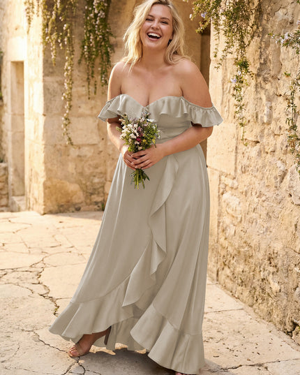 Off the Shoulder Ruffles Satin Bridesmaid Dresses