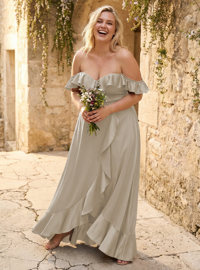 Off the Shoulder Ruffles Satin Bridesmaid Dresses