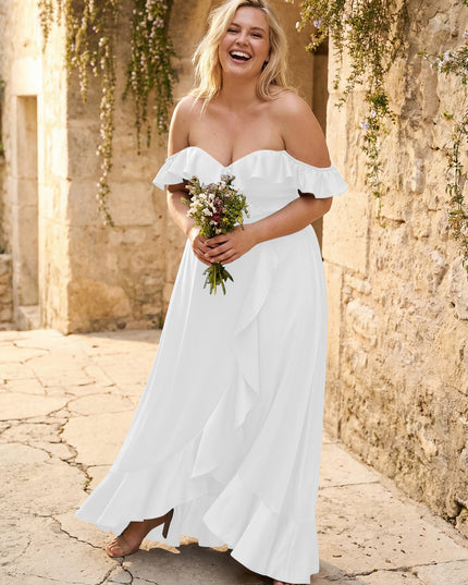 Off the Shoulder Ruffles Satin Bridesmaid Dresses