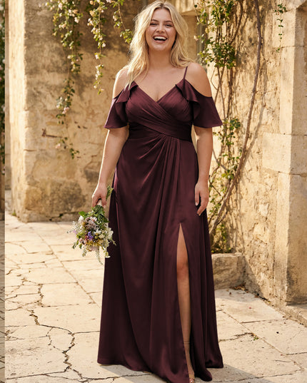 Chiffon Off the Shoulder Pleated Bridesmaid Dresses with Slit
