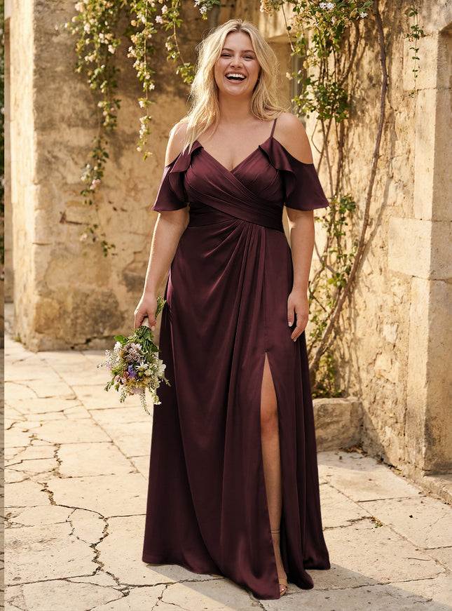 Chiffon Off the Shoulder Pleated Bridesmaid Dresses with Slit