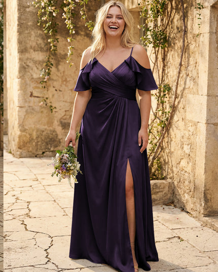 Chiffon Off the Shoulder Pleated Bridesmaid Dresses with Slit