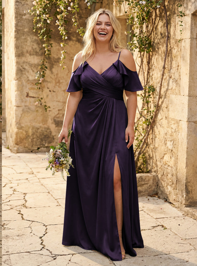Chiffon Off the Shoulder Pleated Bridesmaid Dresses with Slit