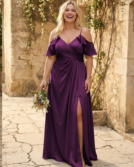 Chiffon Off the Shoulder Pleated Bridesmaid Dresses with Slit