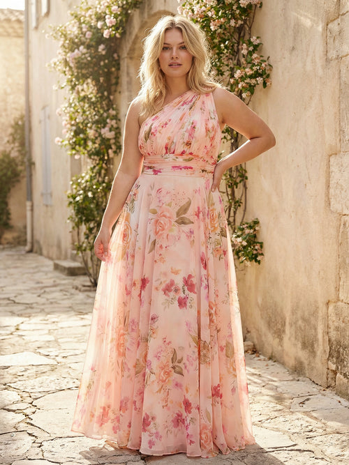 Floral One Shoulder Pleated Bridesmaid Dresses