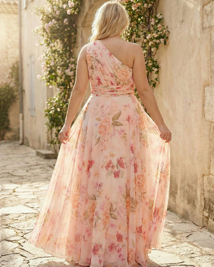 Floral One Shoulder Pleated Bridesmaid Dresses
