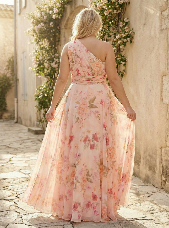 Floral One Shoulder Pleated Bridesmaid Dresses