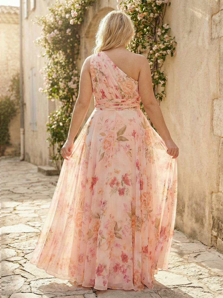 Floral One Shoulder Pleated Formal Dresses