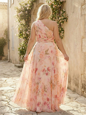Floral One Shoulder Pleated Bridesmaid Dresses