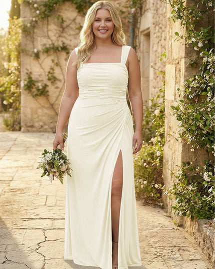 Chiffon Square Neck Pleated Bridesmaid Dresses with Slit