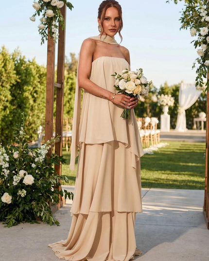 Chiffon Strapless Long Bridesmaid Dresses with Scarf