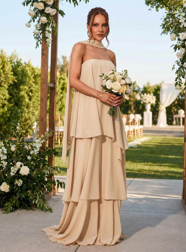 Chiffon Strapless Long Bridesmaid Dresses with Scarf