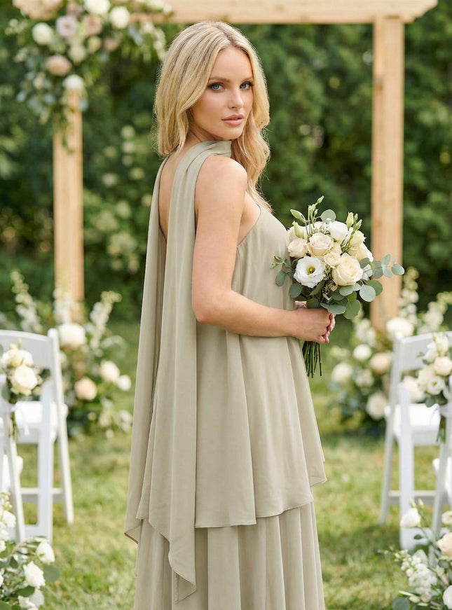 Chiffon Strapless Long Bridesmaid Dresses with Scarf