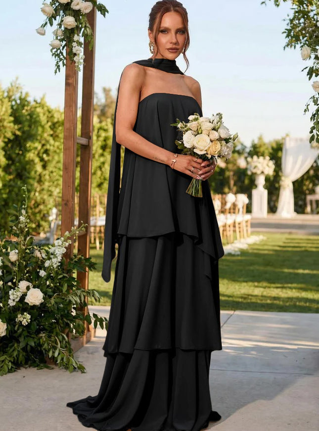 Chiffon Strapless Long Bridesmaid Dresses with Scarf