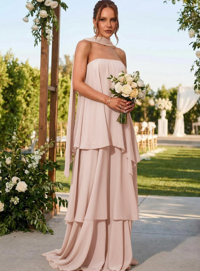 Chiffon Strapless Long Bridesmaid Dresses with Scarf