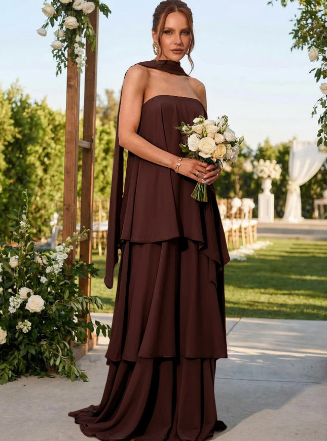 Chiffon Strapless Long Bridesmaid Dresses with Scarf