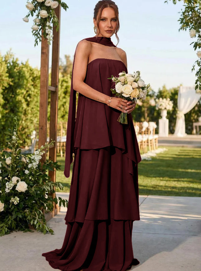 Chiffon Strapless Long Bridesmaid Dresses with Scarf