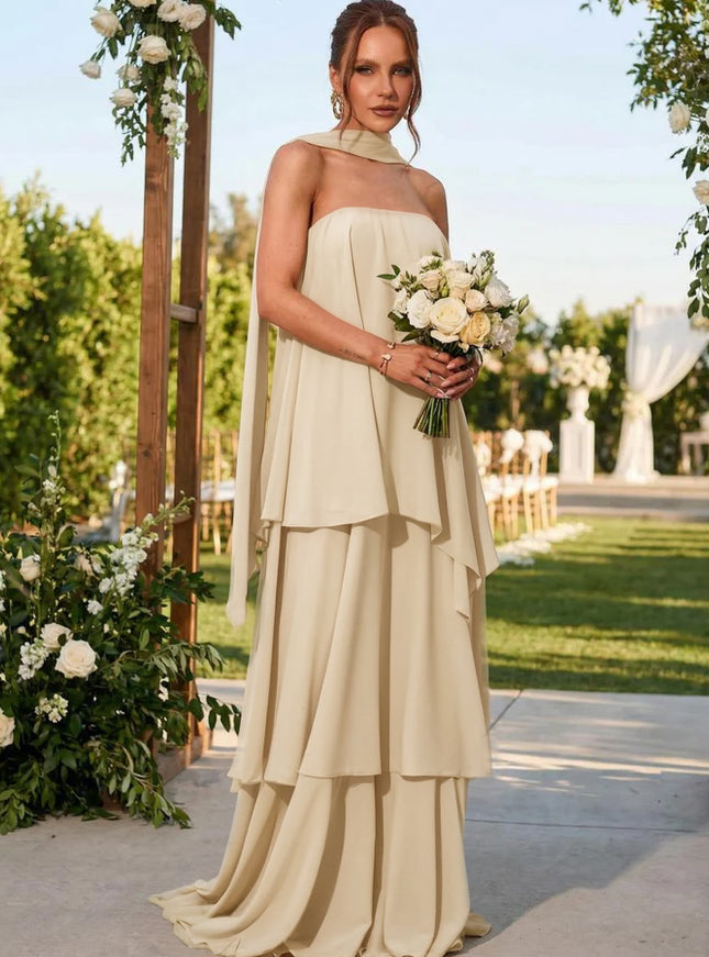 Chiffon Strapless Long Bridesmaid Dresses with Scarf
