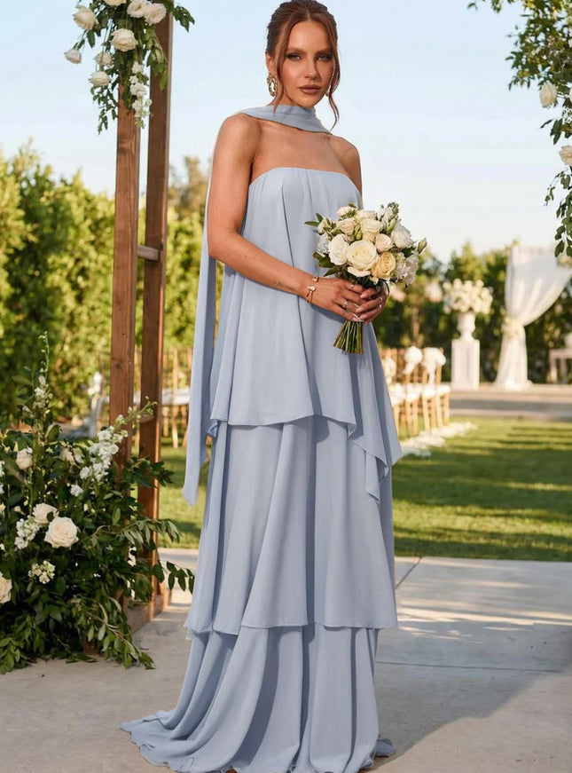 Chiffon Strapless Long Bridesmaid Dresses with Scarf