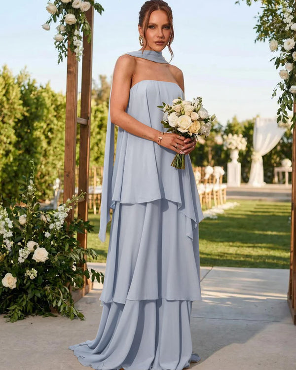 Chiffon Strapless Long Bridesmaid Dresses with Scarf