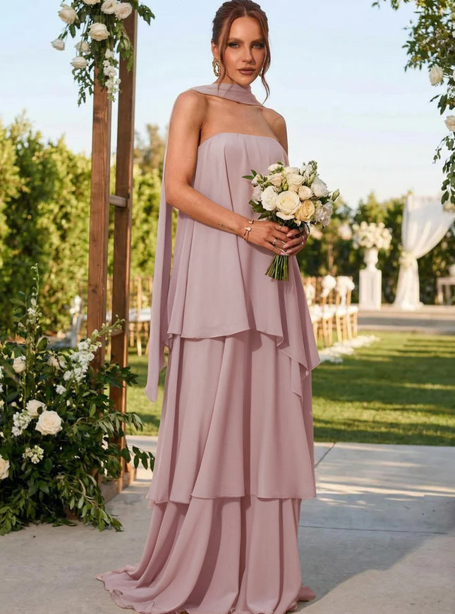 Chiffon Strapless Long Bridesmaid Dresses with Scarf