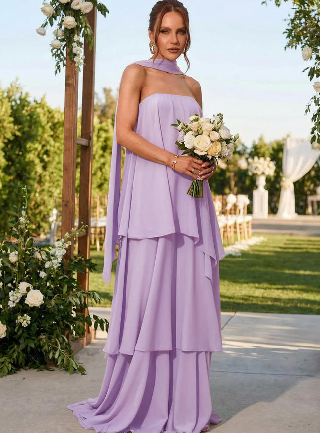 Chiffon Strapless Long Bridesmaid Dresses with Scarf