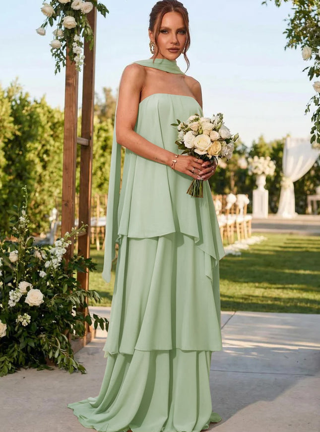 Chiffon Strapless Long Bridesmaid Dresses with Scarf
