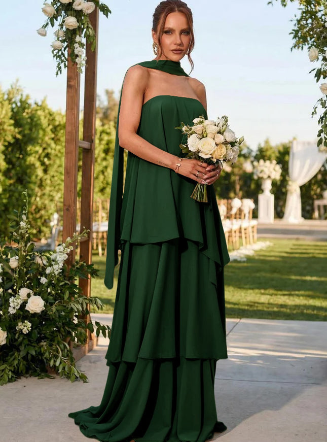 Chiffon Strapless Long Bridesmaid Dresses with Scarf