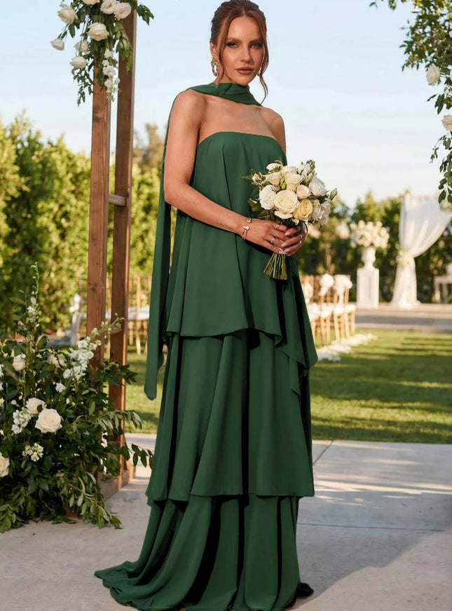 Chiffon Strapless Long Bridesmaid Dresses with Scarf