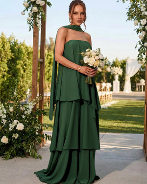 Chiffon Strapless Long Bridesmaid Dresses with Scarf