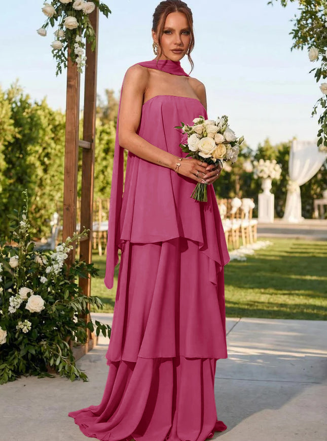 Chiffon Strapless Long Bridesmaid Dresses with Scarf