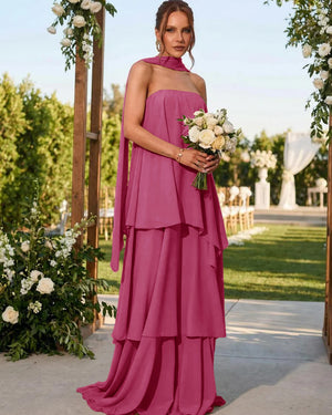 Chiffon Strapless Long Bridesmaid Dresses with Scarf