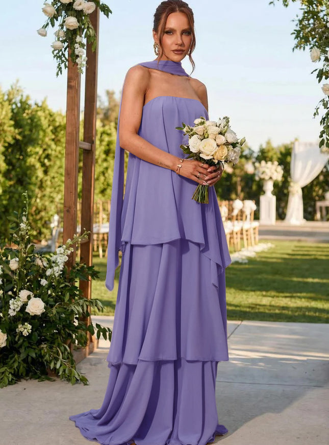 Chiffon Strapless Long Bridesmaid Dresses with Scarf