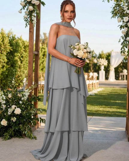 Chiffon Strapless Long Bridesmaid Dresses with Scarf