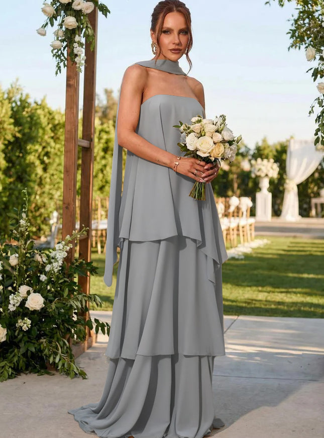 Chiffon Strapless Long Bridesmaid Dresses with Scarf