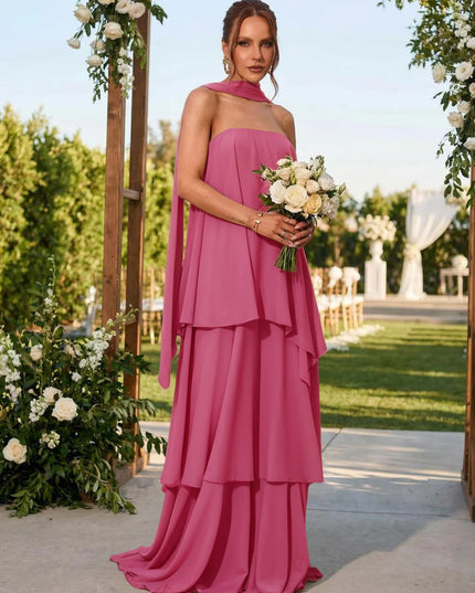 Chiffon Strapless Long Bridesmaid Dresses with Scarf