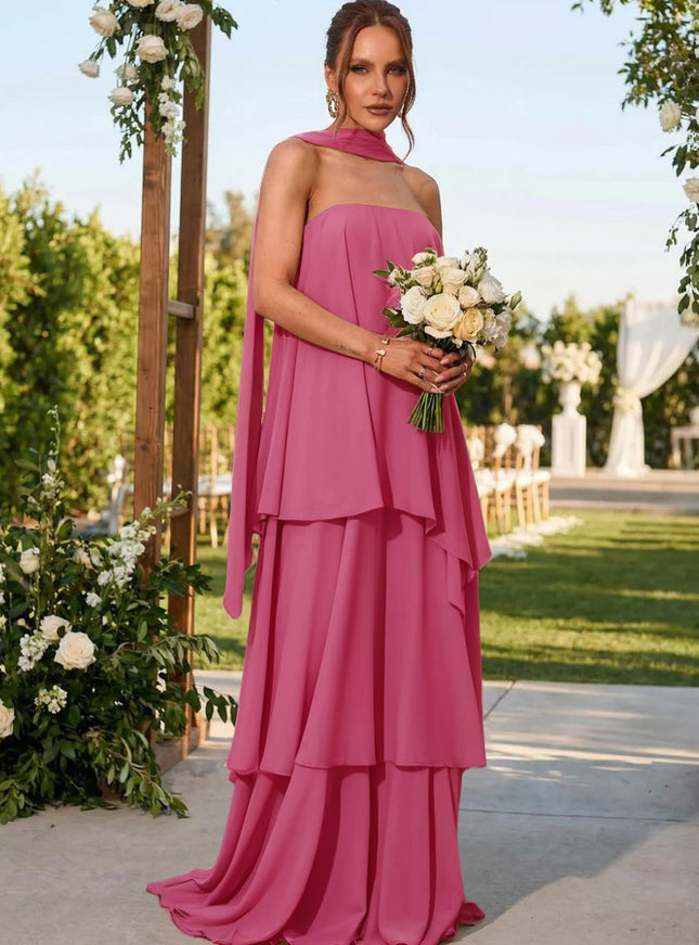 Chiffon Strapless Long Bridesmaid Dresses with Scarf