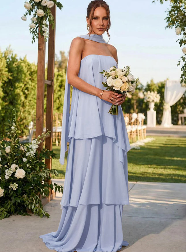 Chiffon Strapless Long Bridesmaid Dresses with Scarf