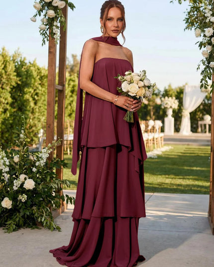 Chiffon Strapless Long Bridesmaid Dresses with Scarf