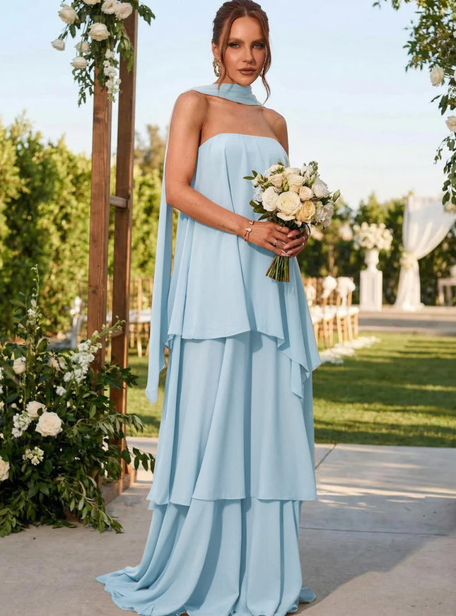Chiffon Strapless Long Bridesmaid Dresses with Scarf