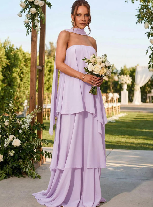 Chiffon Strapless Long Bridesmaid Dresses with Scarf