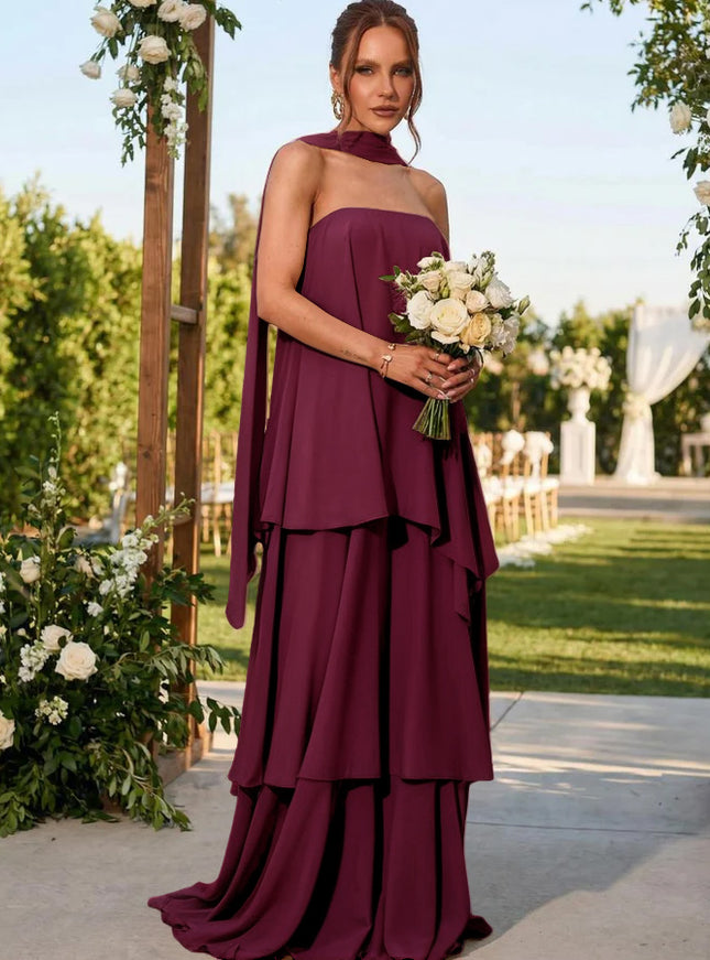 Chiffon Strapless Long Bridesmaid Dresses with Scarf