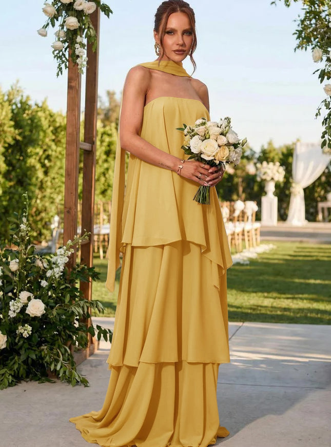 Chiffon Strapless Long Bridesmaid Dresses with Scarf