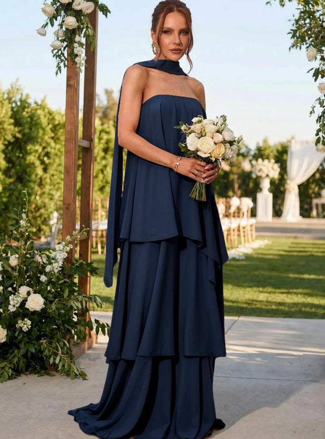 Chiffon Strapless Long Bridesmaid Dresses with Scarf