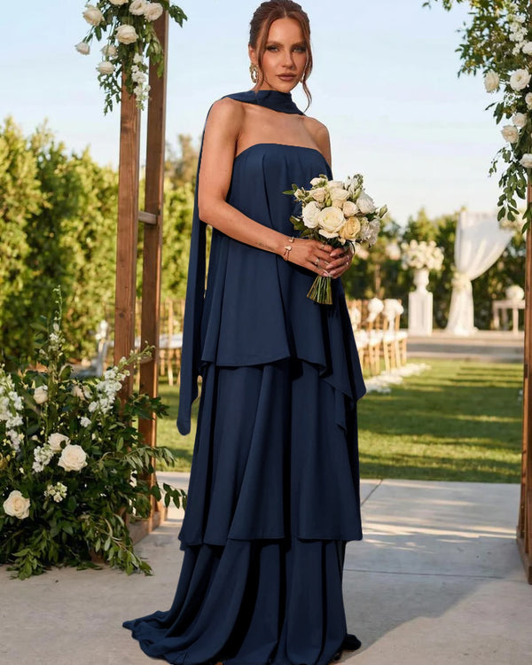 Chiffon Strapless Long Bridesmaid Dresses with Scarf