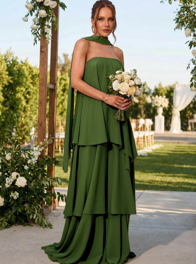 Chiffon Strapless Long Bridesmaid Dresses with Scarf